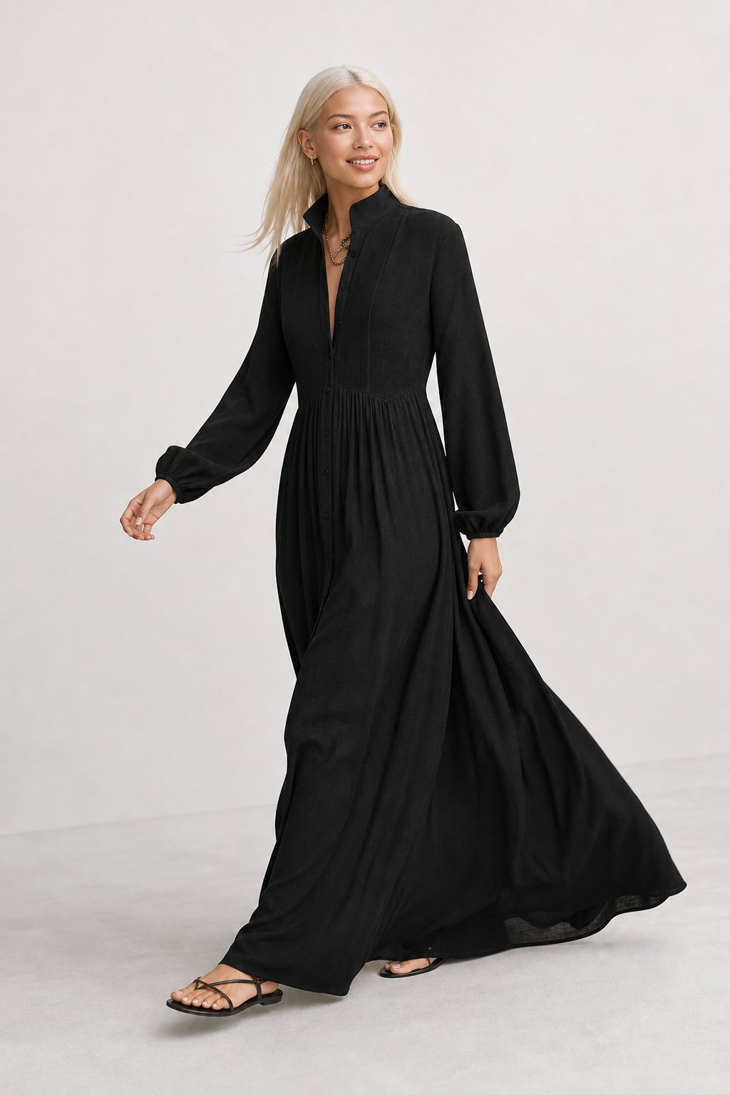 Collared A-Line Maxi Dress with a Deep Placket and Pleats