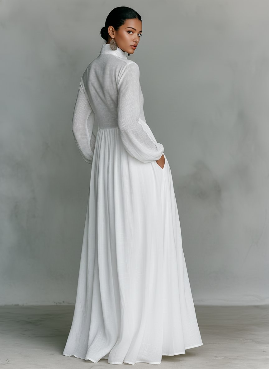 Collared A-Line Maxi Dress with a Deep Placket and Pleats