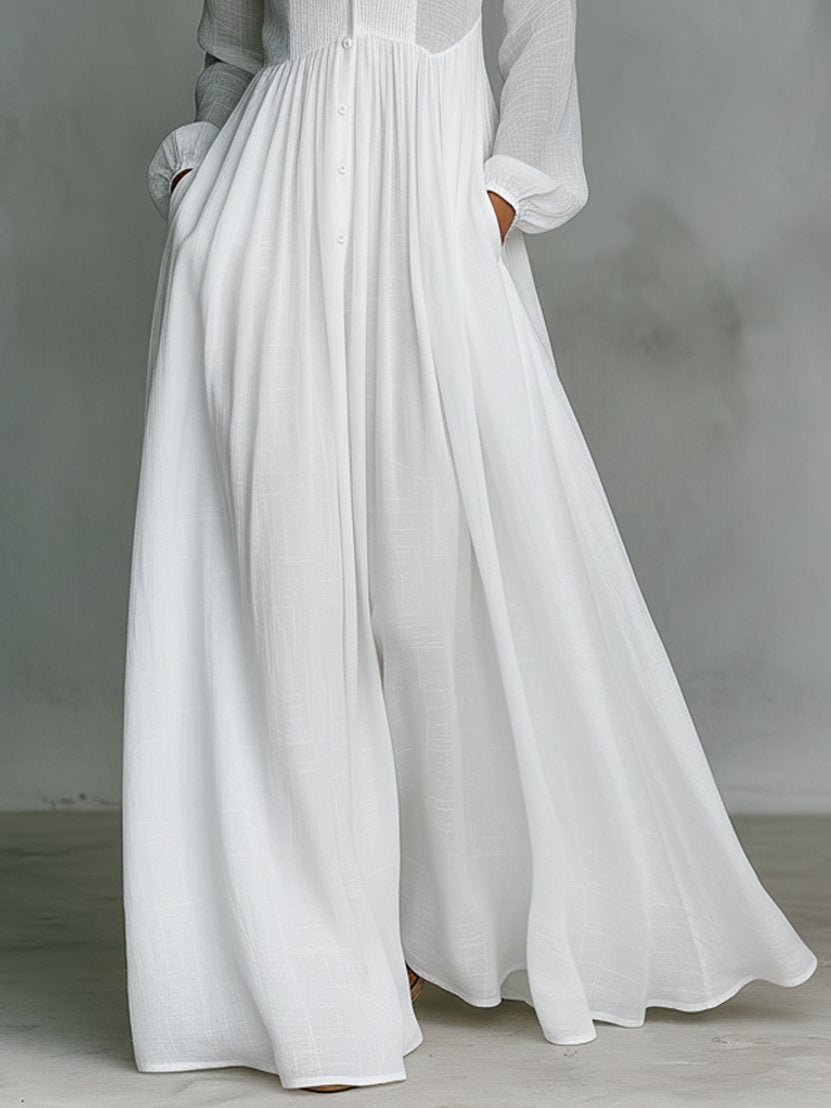 Collared A-Line Maxi Dress with a Deep Placket and Pleats