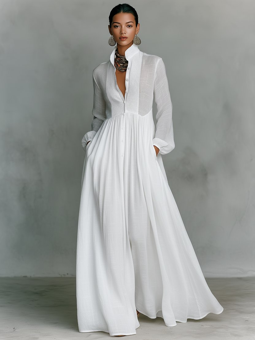 Collared A-Line Maxi Dress with a Deep Placket and Pleats