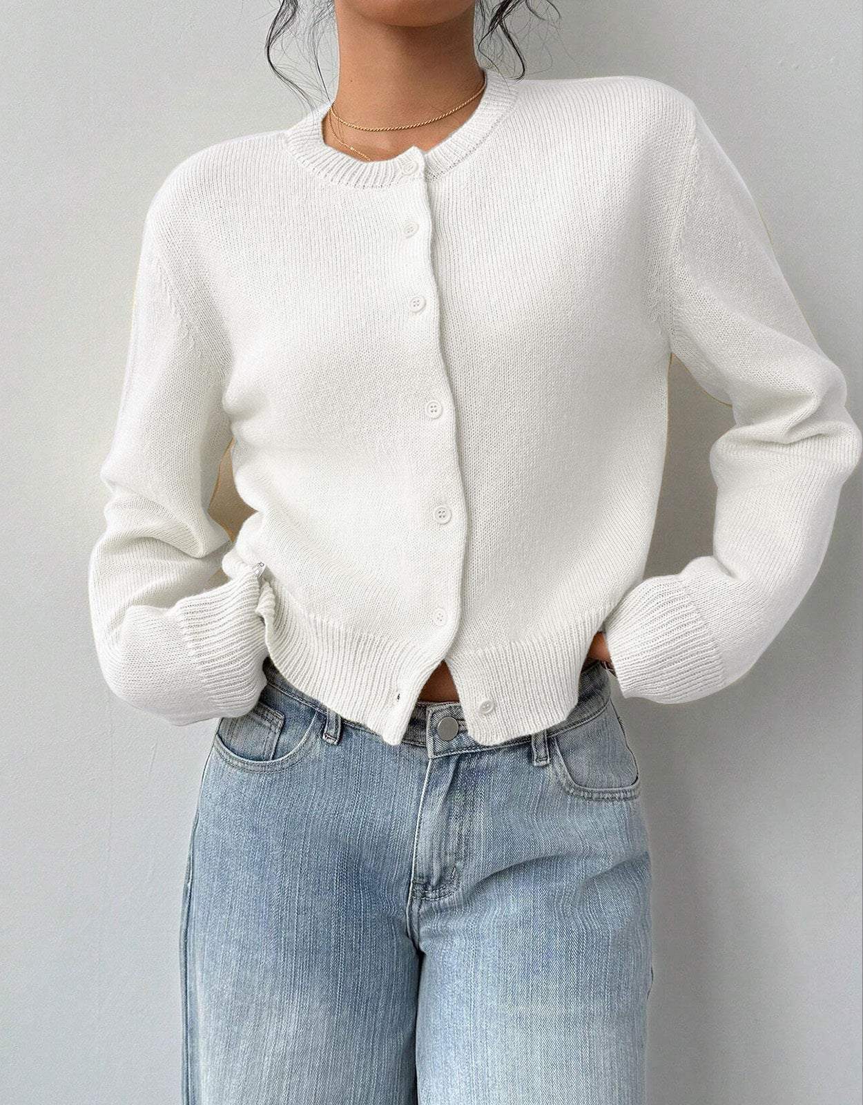 Cropped Button-Up Knit Cardigan with a Round Neck and Rib Trim in Beige
