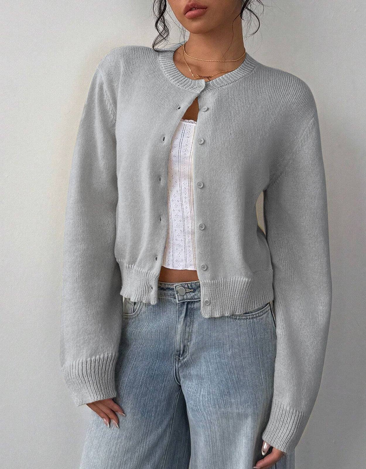 Cropped Button-Up Knit Cardigan with a Round Neck and Rib Trim in Grey