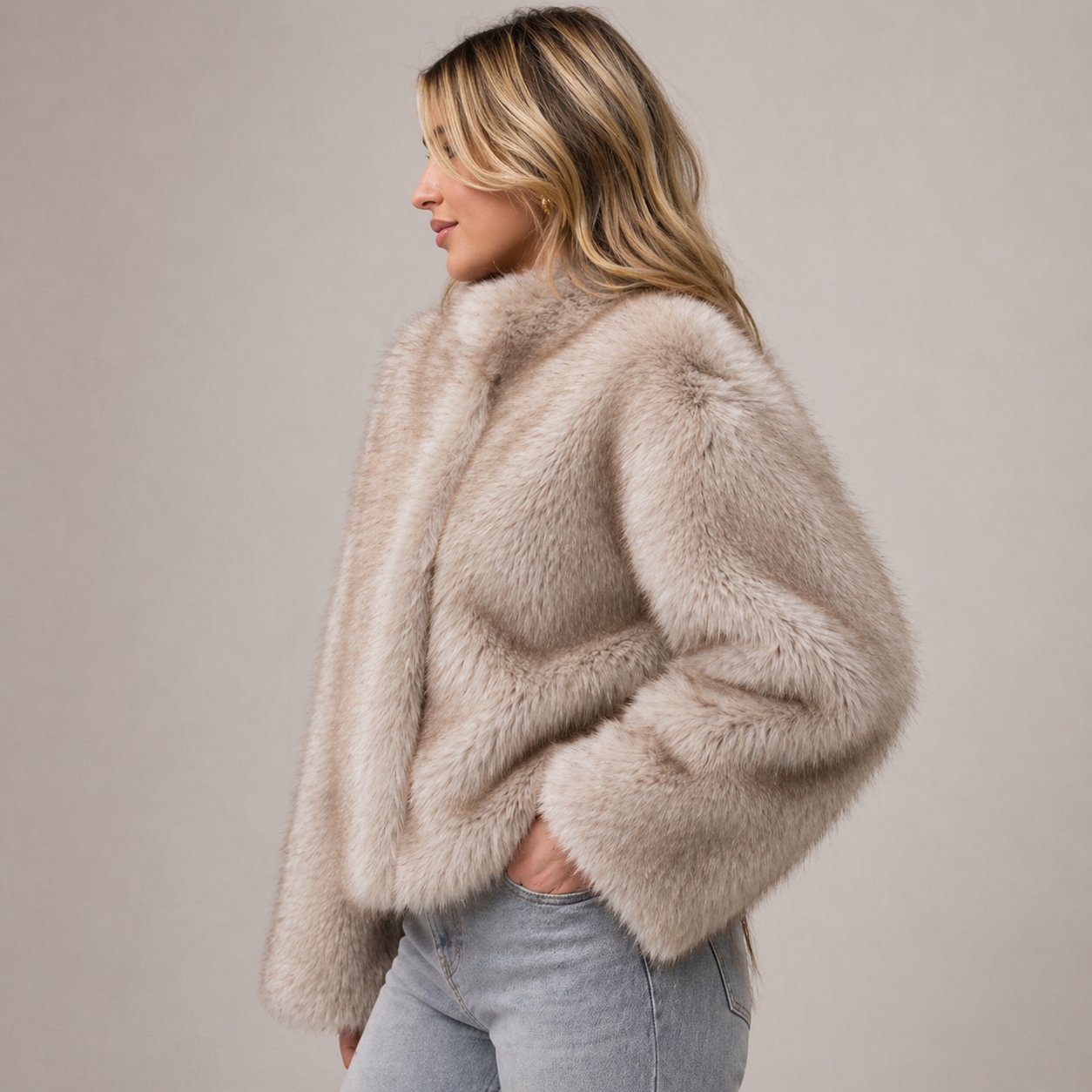 Cropped Faux Fur Jacket with an Open Front and Relaxed Cut in Khaki