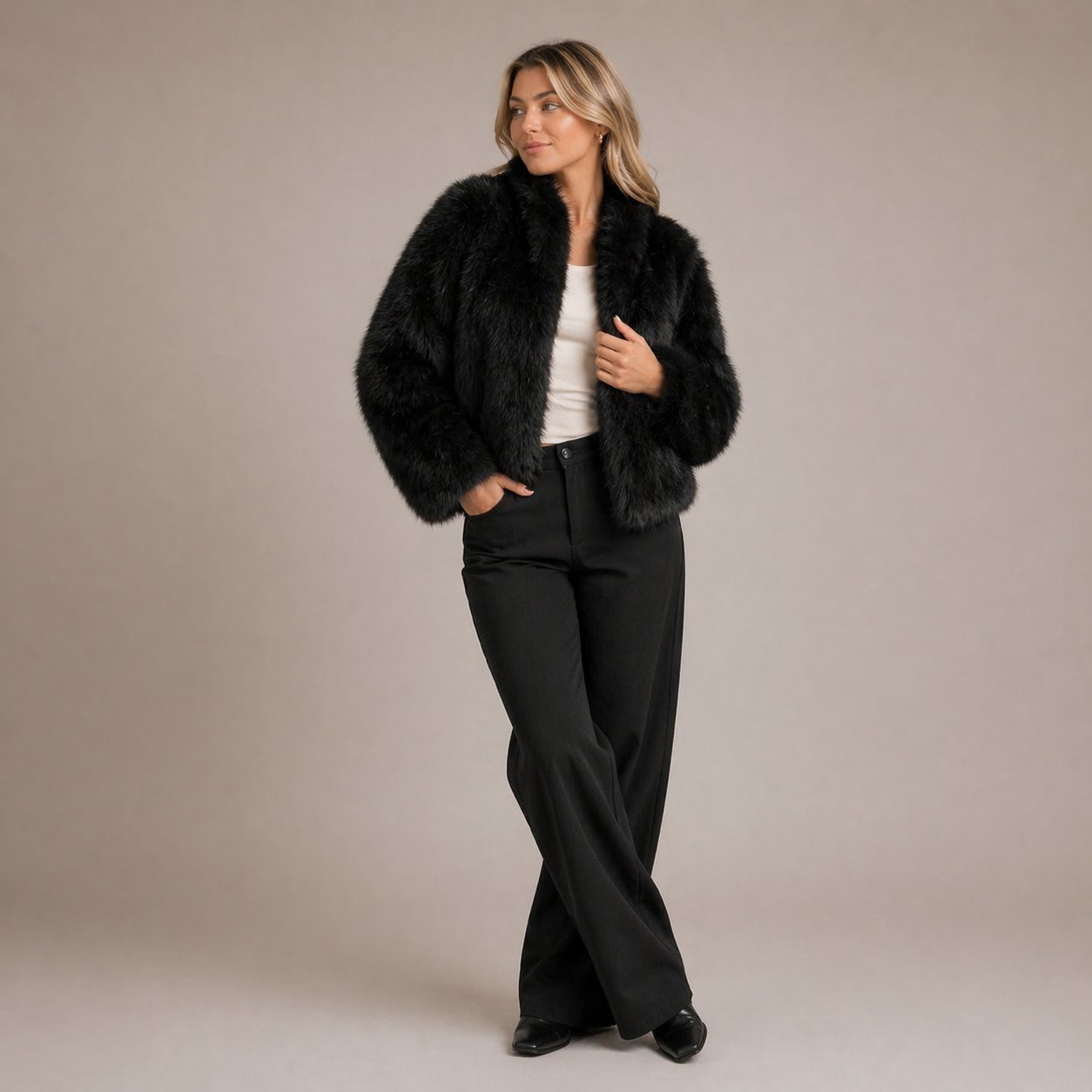 Cropped Faux Fur Jacket with an Open Front and Relaxed Cut in Black