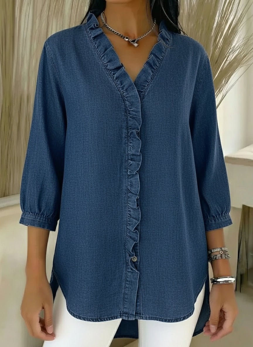 Denim Blouse with a V Neck and Ruffled Button Placket in Dark Blue