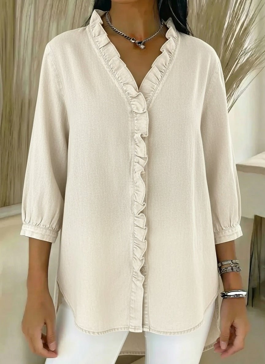 Denim Blouse with a V Neck and Ruffled Button Placket in White