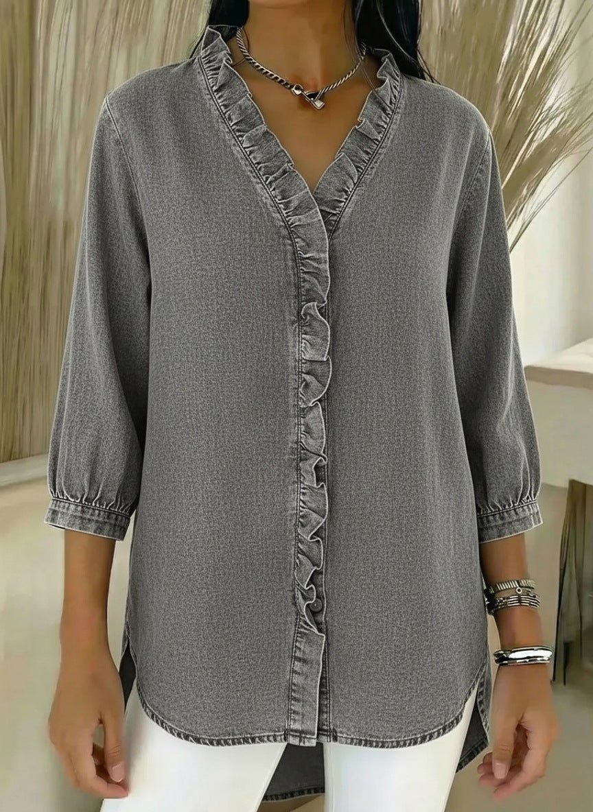 Denim Blouse with a V Neck and Ruffled Button Placket in Grey