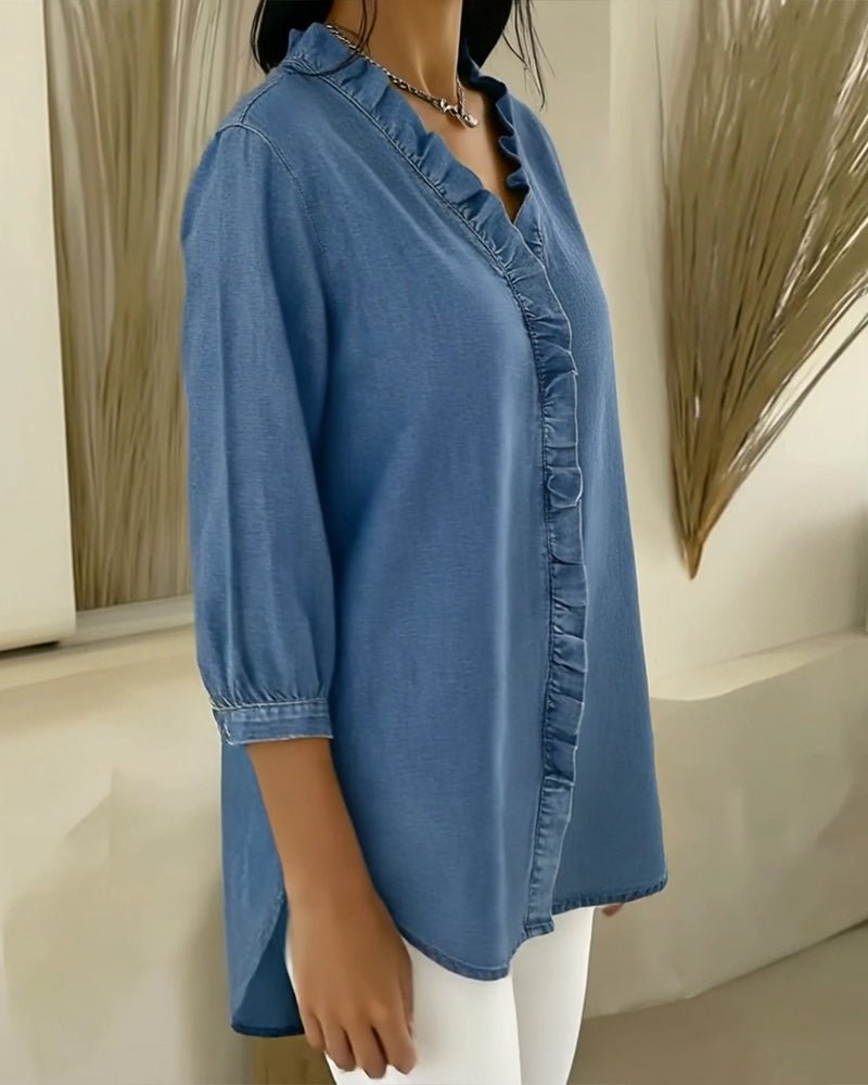 Denim Blouse with a V Neck and Ruffled Button Placket