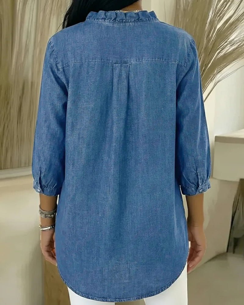 Denim Blouse with a V Neck and Ruffled Button Placket
