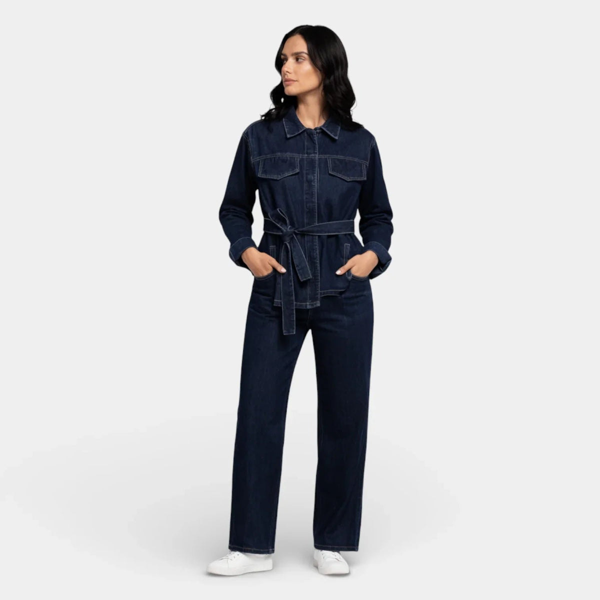 Denim Two-Piece Set with a Button Front Jacket and Straight Jeans in Dark Blue