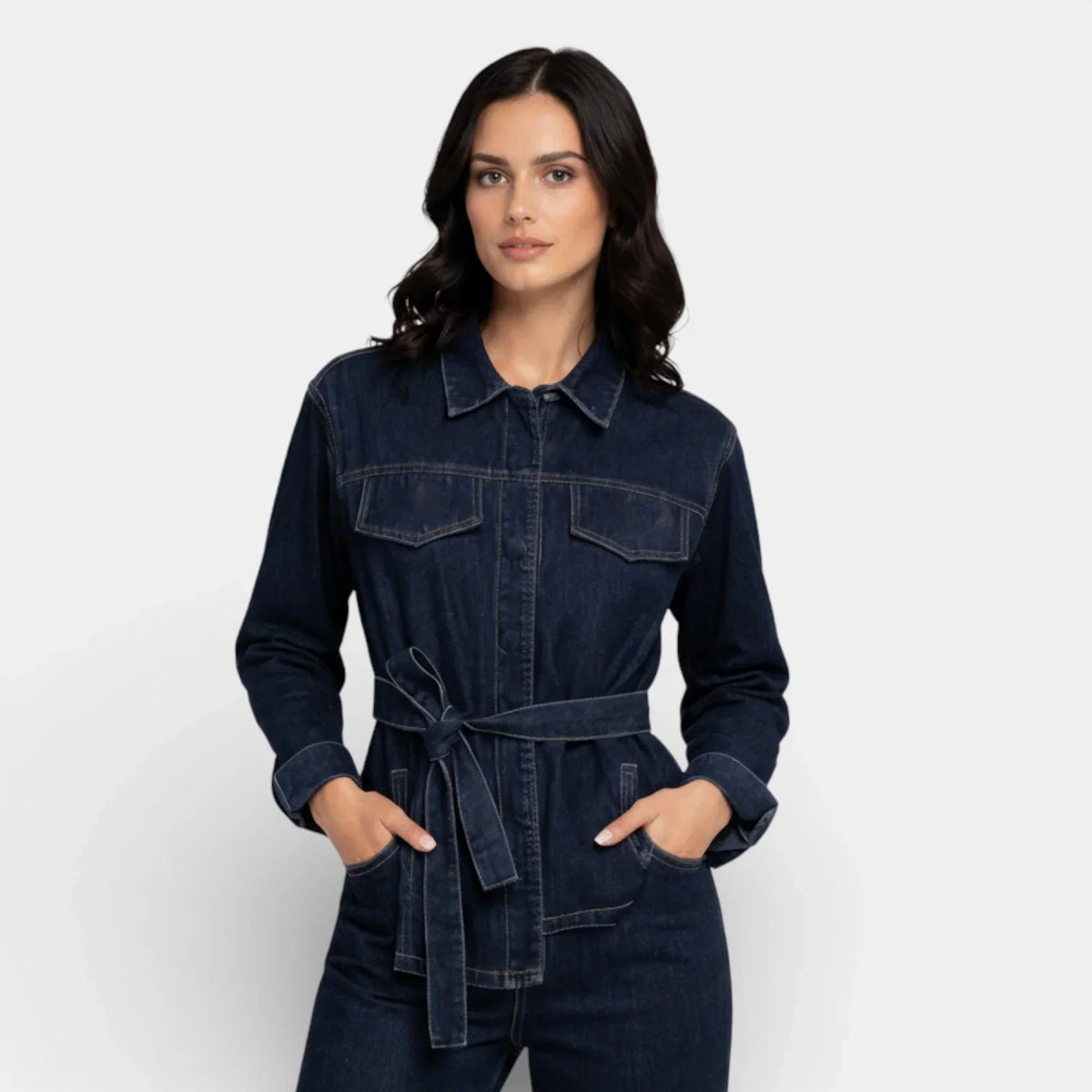 Denim Two-Piece Set with a Button Front Jacket and Straight Jeans
