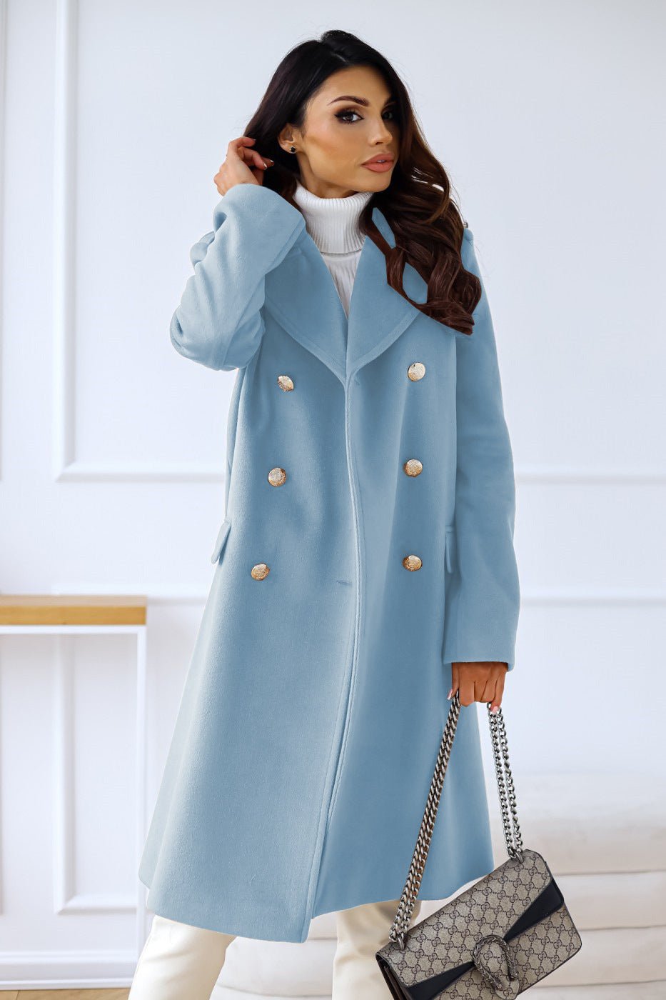 Double-Breasted Long Coat with Gold Buttons and Notched Lapels in Blue