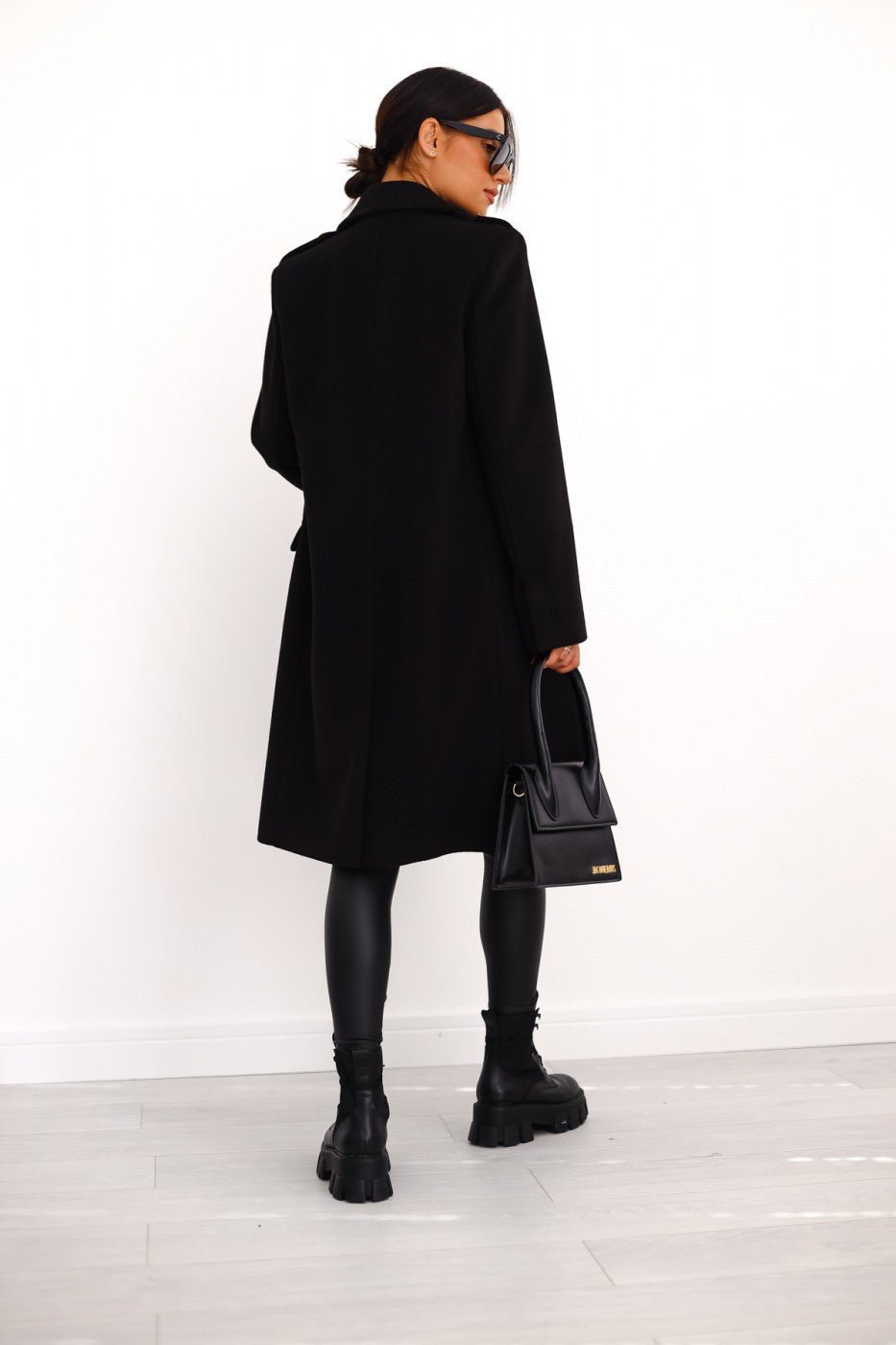 Double-Breasted Long Coat with Gold Buttons and Notched Lapels