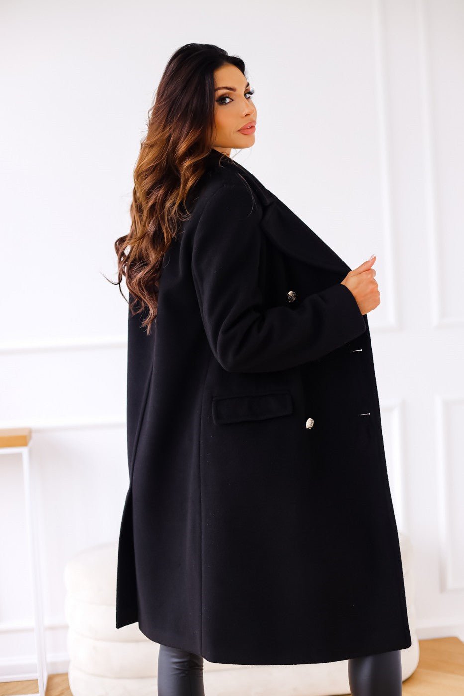 Double-Breasted Long Coat with Gold Buttons and Notched Lapels