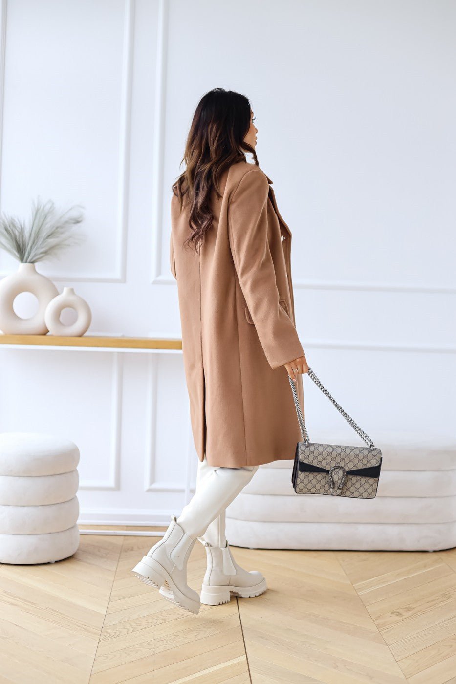 Double-Breasted Long Coat with Gold Buttons and Notched Lapels