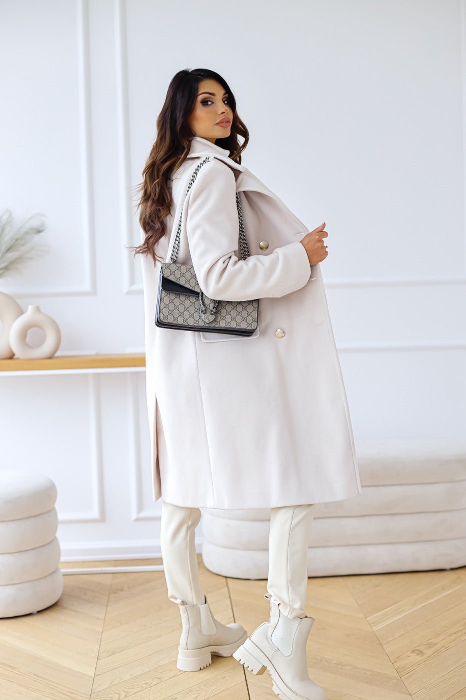 Double-Breasted Long Coat with Gold Buttons and Notched Lapels
