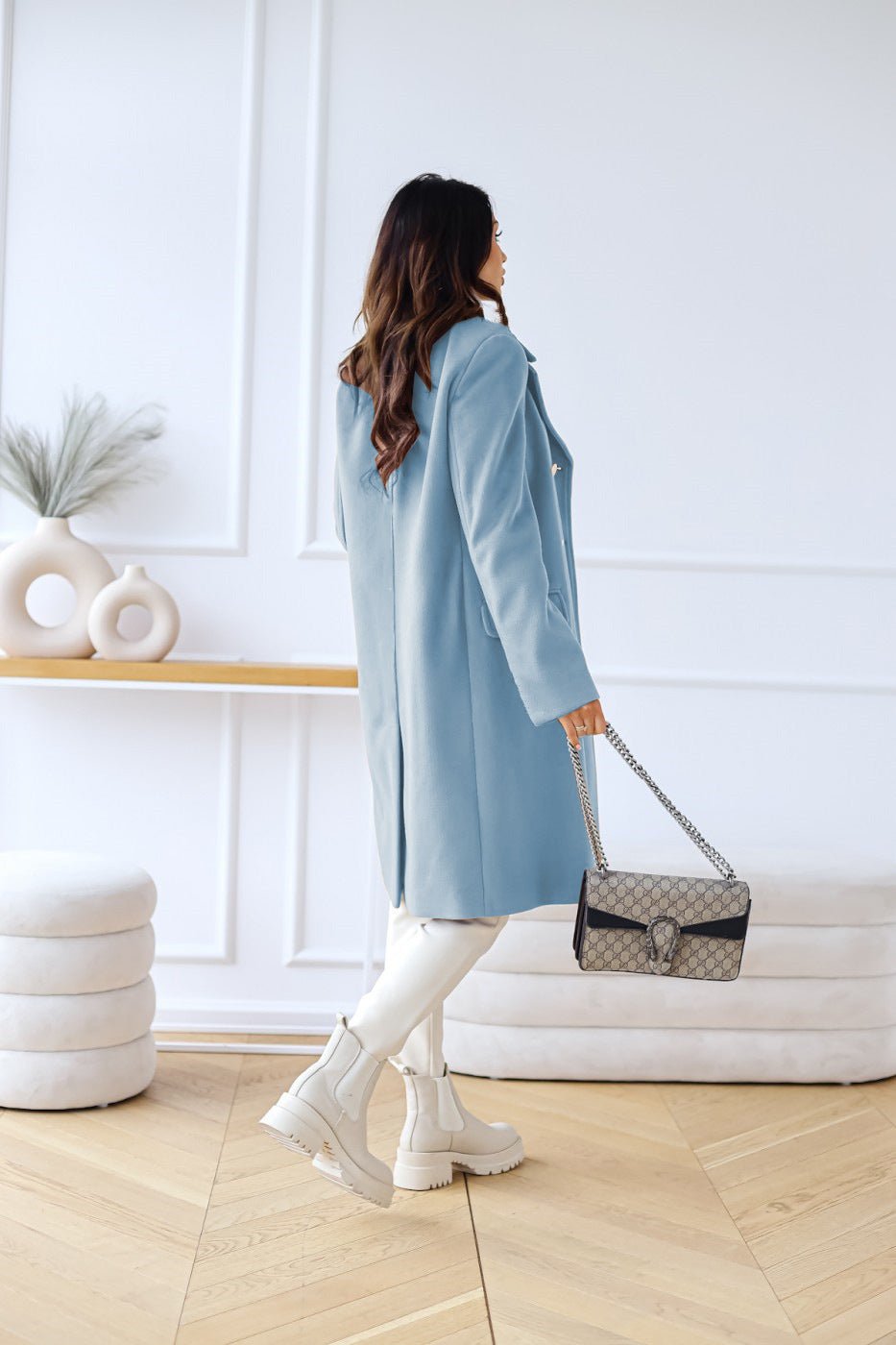 Double-Breasted Long Coat with Gold Buttons and Notched Lapels