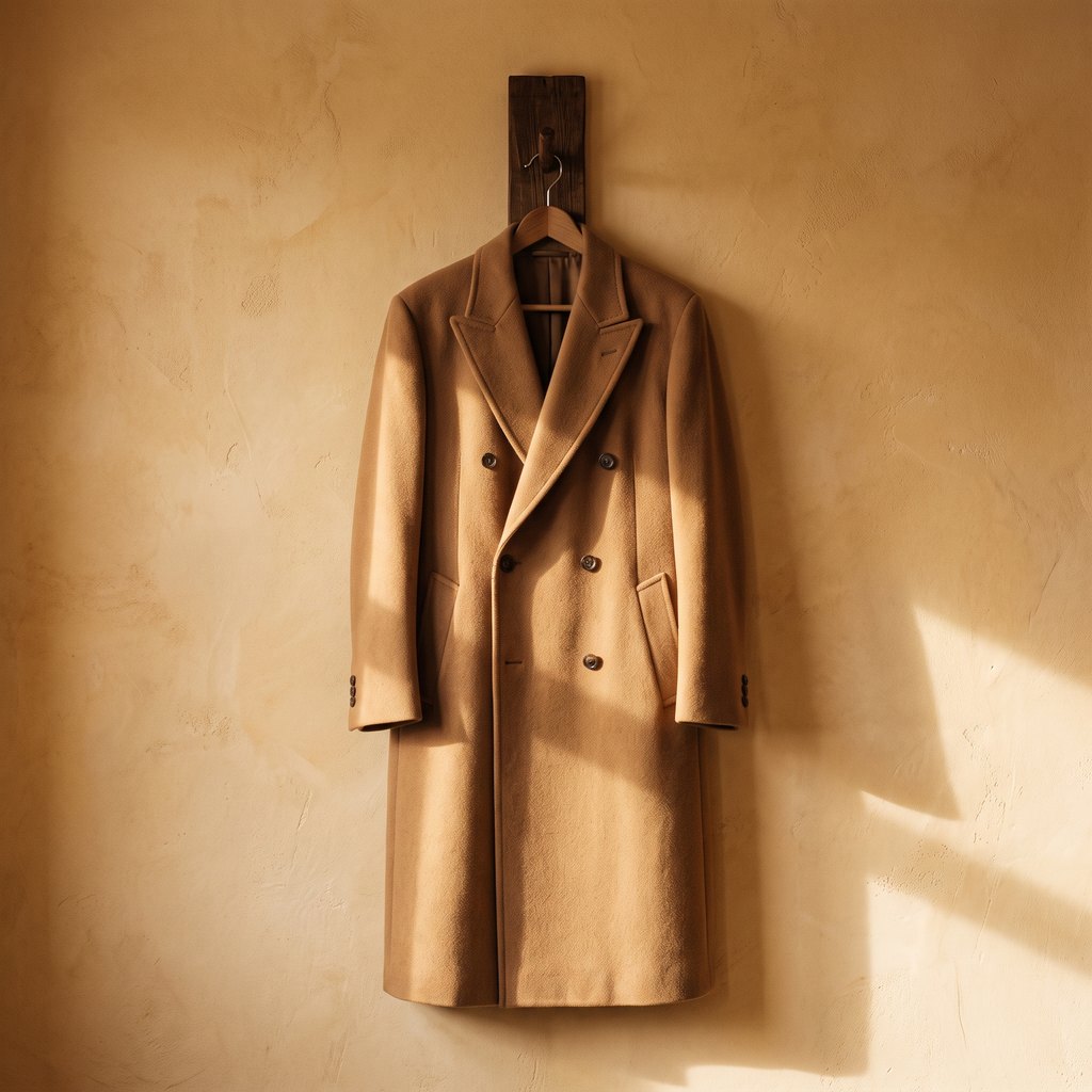 A camel double-breasted overcoat hanging on a wooden hook