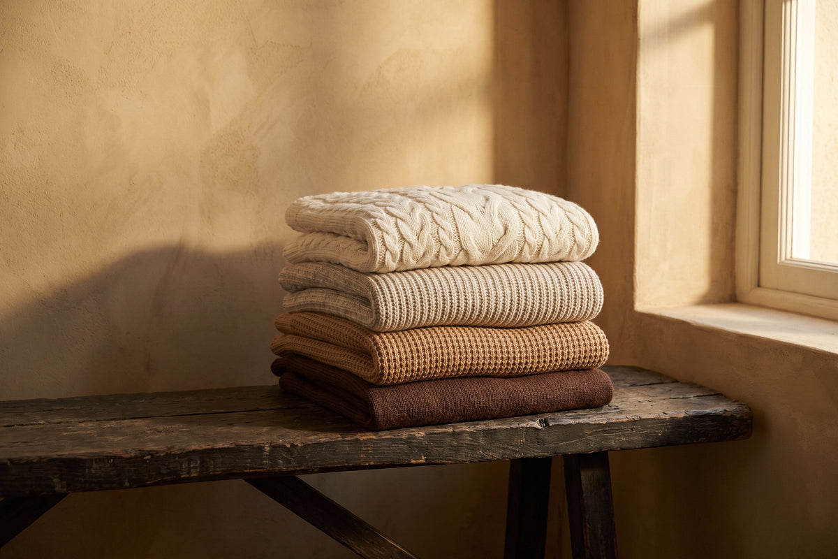 A stack of folded knit sweaters in cream, oatmeal, camel and brown on a wooden bench