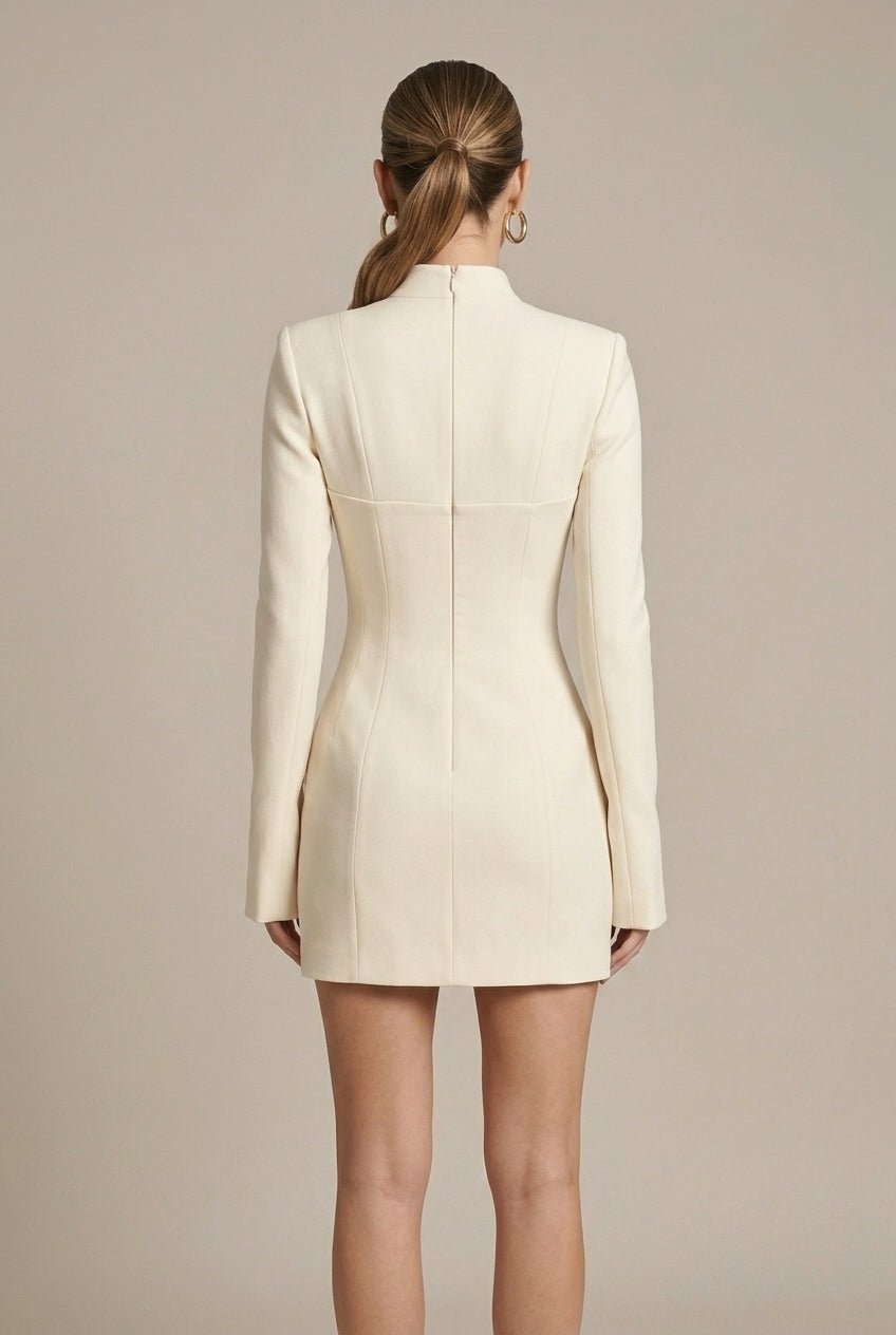 High Neck Structured Mini Dress with Pockets and Flared Cuffs
