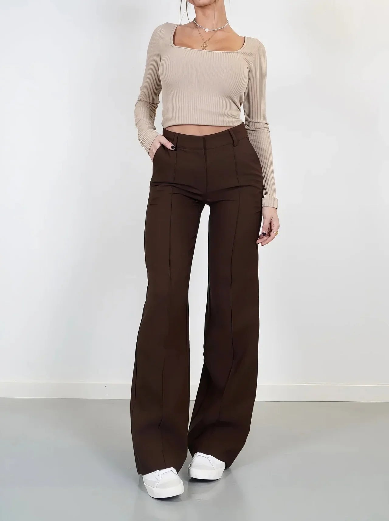 High Waist Wide Leg Trousers with Front Seam Detail and Pockets in Brown