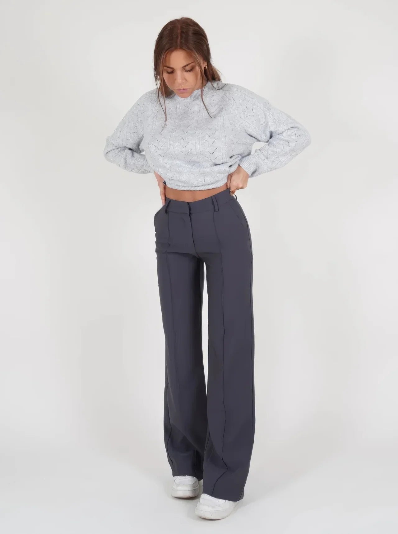 High Waist Wide Leg Trousers with Front Seam Detail and Pockets in Grey