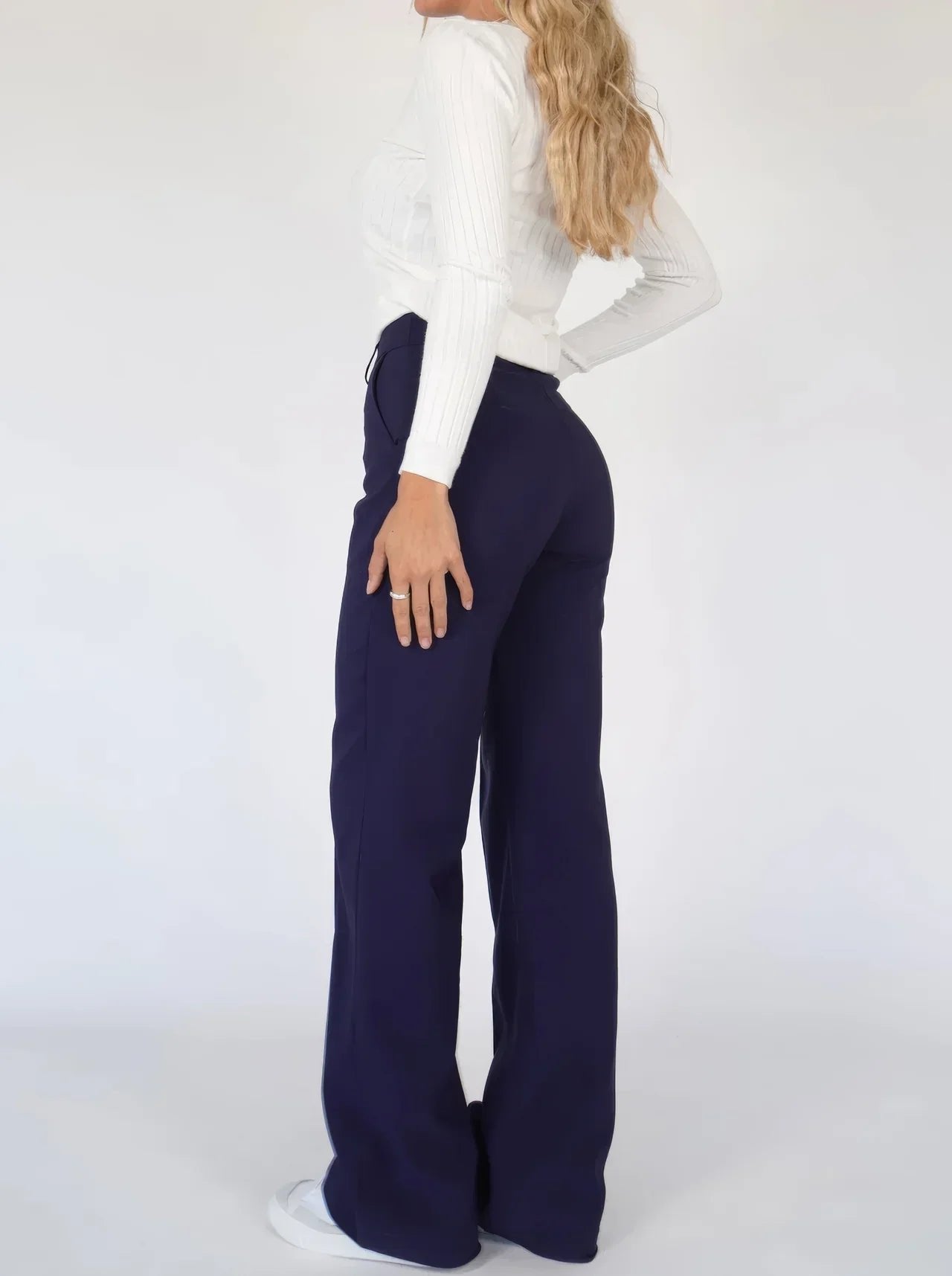 High Waist Wide Leg Trousers with Front Seam Detail and Pockets
