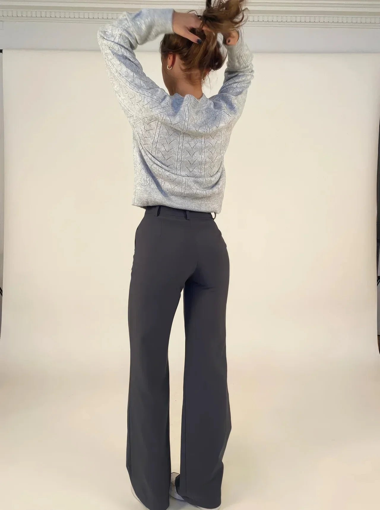 High Waist Wide Leg Trousers with Front Seam Detail and Pockets