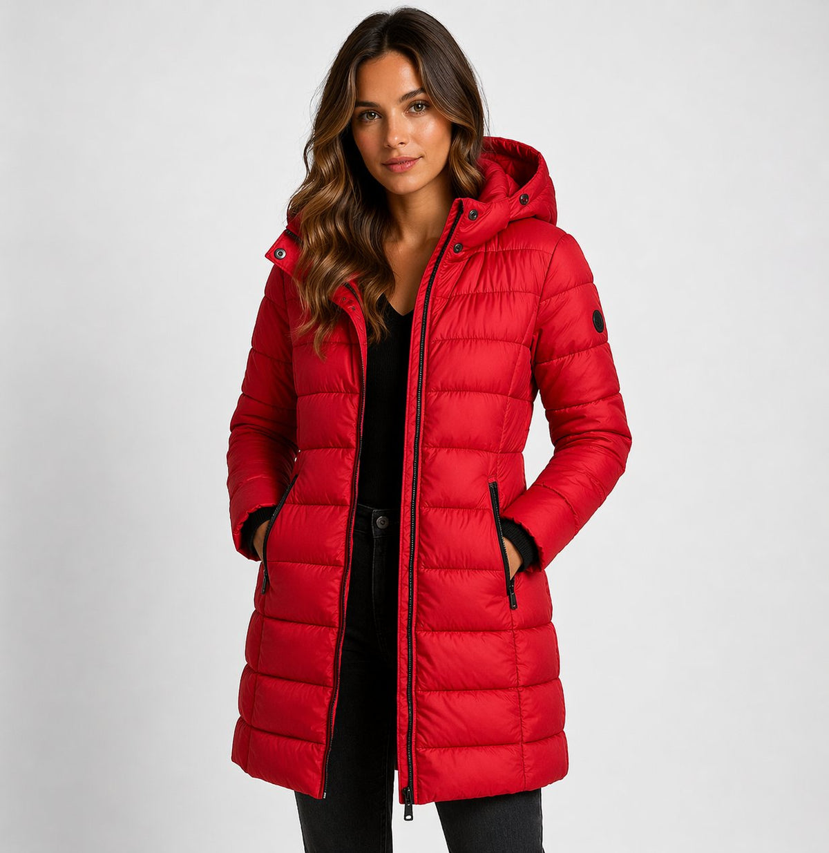 Hooded Puffer Coat with a Zip Front and Quilted Panels in Red