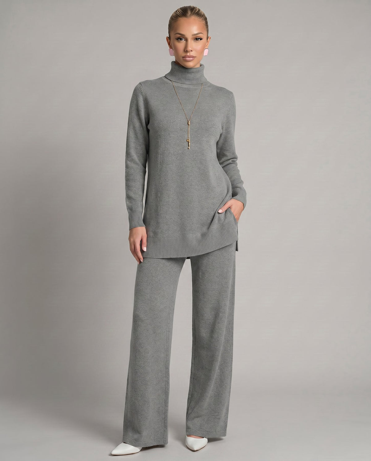 Knit Two-Piece Set with a Turtleneck Top and Wide Leg Trousers in Grey