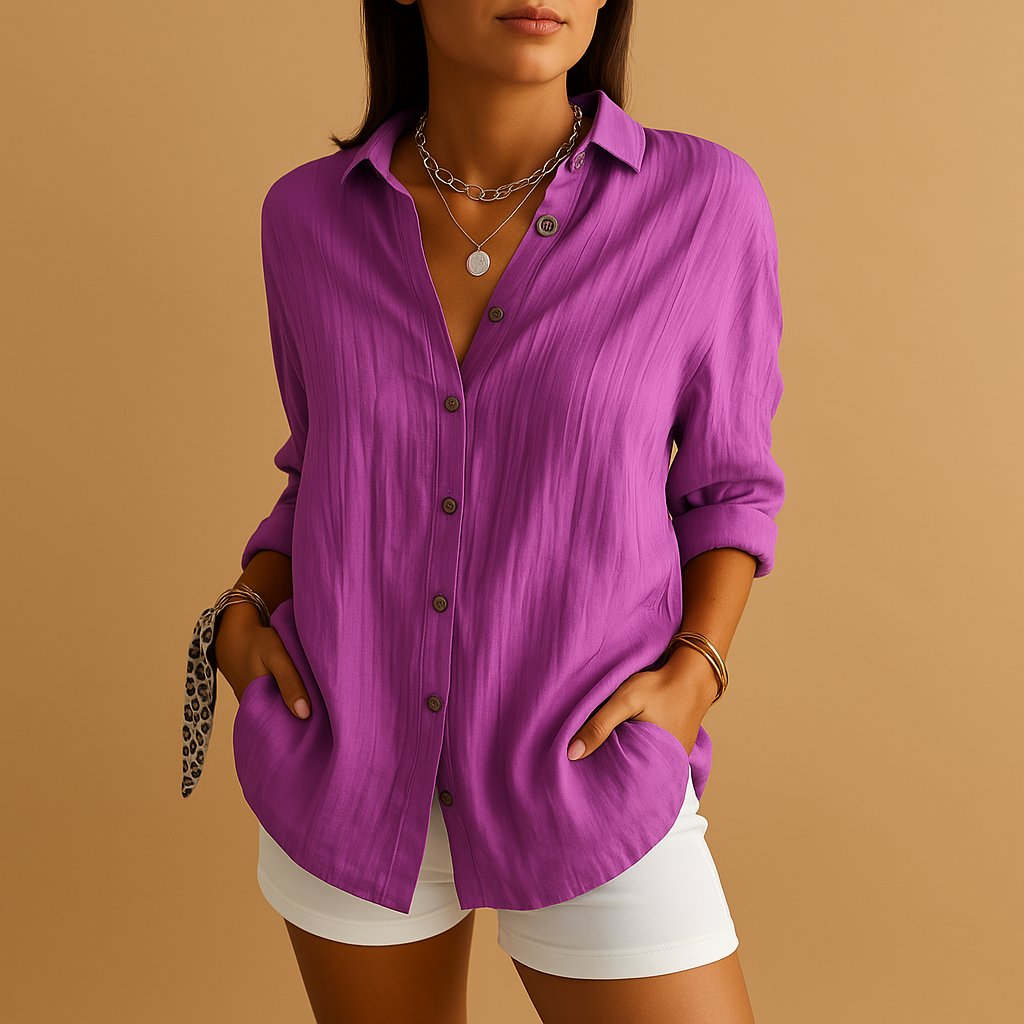 Lightweight Long Sleeve Blouse with a Collar and Button Front in Purple