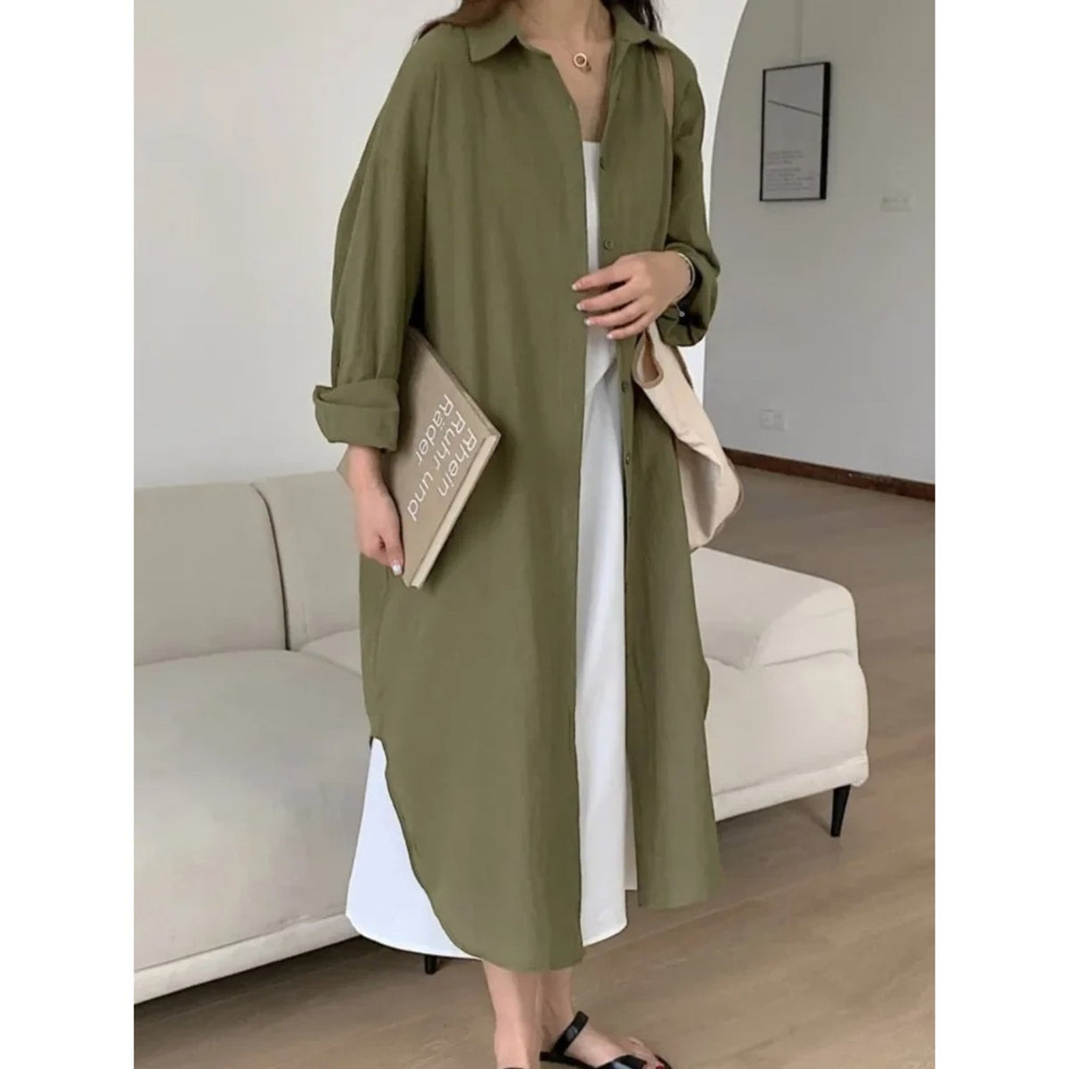 Long Sleeve Button-Front Shirt Maxi Dress with a Relaxed Cut in Army Green