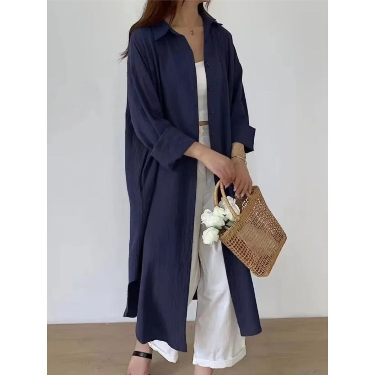 Long Sleeve Button-Front Shirt Maxi Dress with a Relaxed Cut in Blue