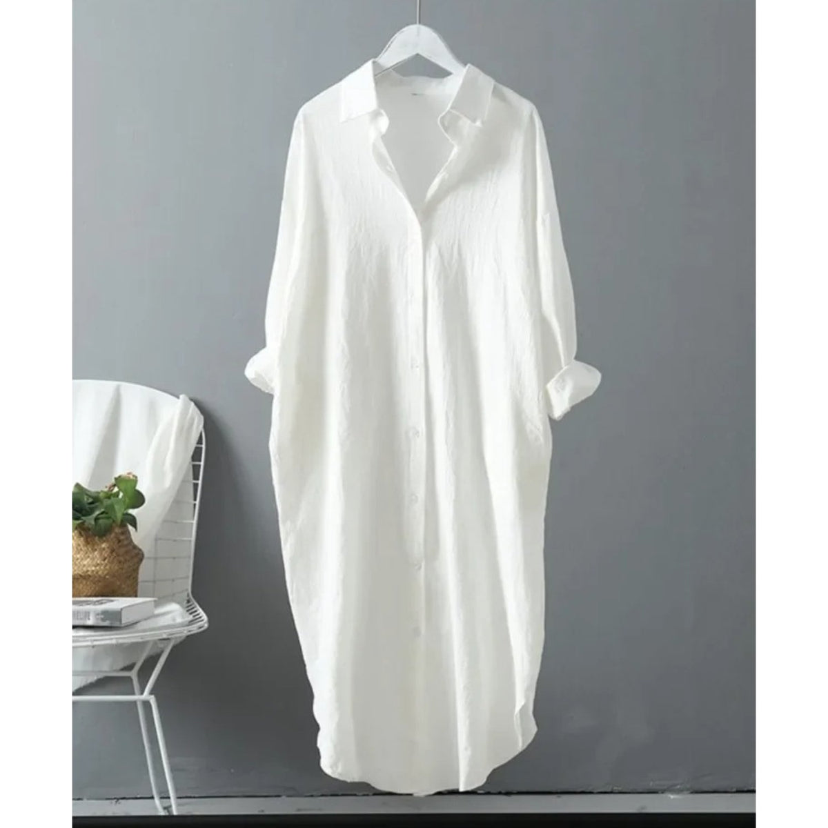 Long Sleeve Button-Front Shirt Maxi Dress with a Relaxed Cut in White