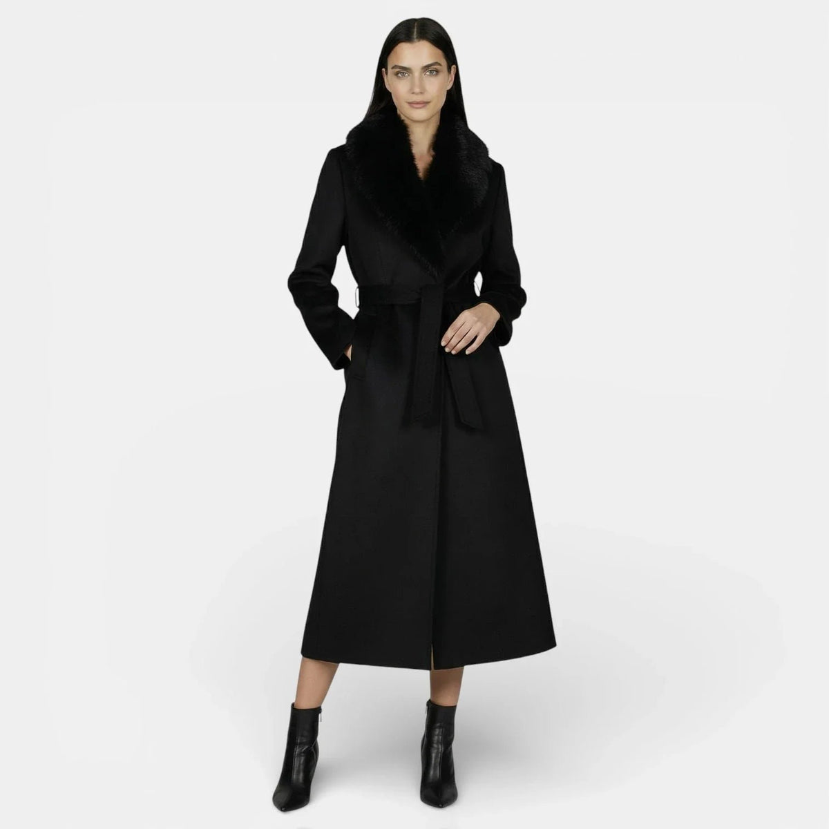 Longline Belted Overcoat with a Faux Fur Collar