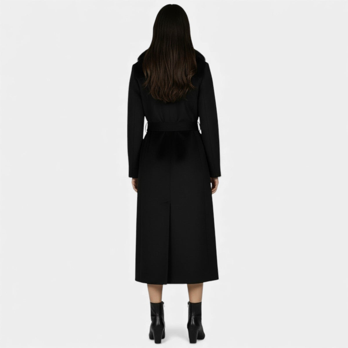 Longline Belted Overcoat with a Faux Fur Collar