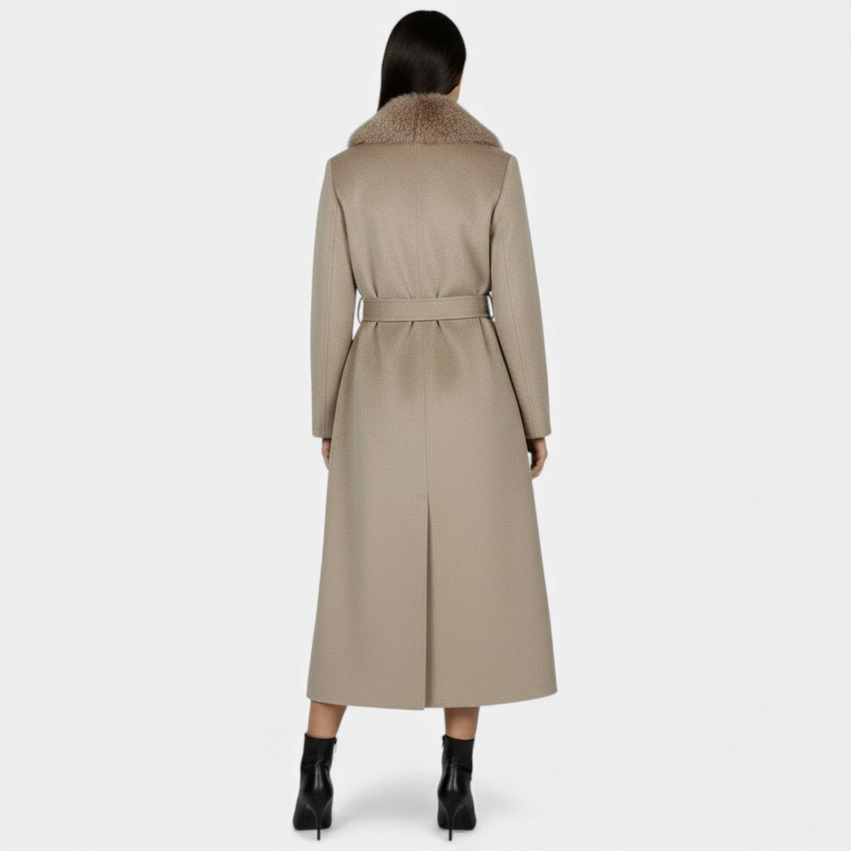 Longline Belted Overcoat with a Faux Fur Collar