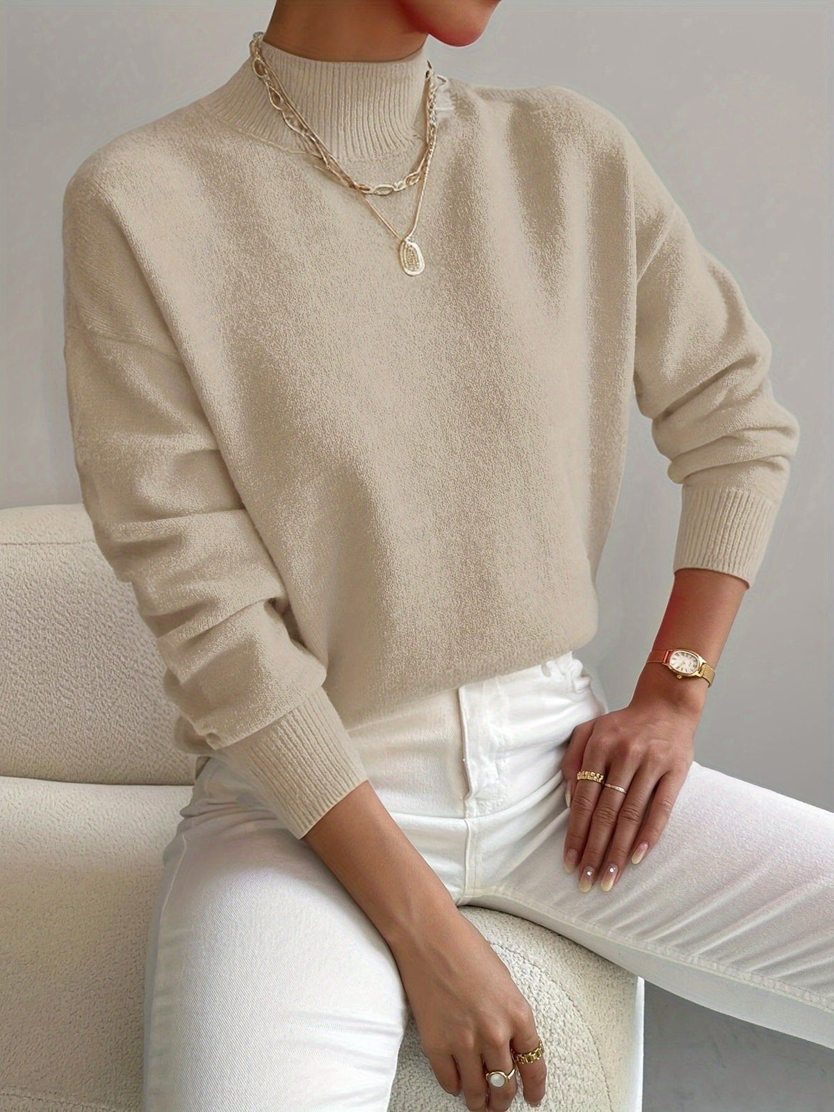 Mock Turtleneck Sweater with a Relaxed Cut and Ribbed Hem in Beige