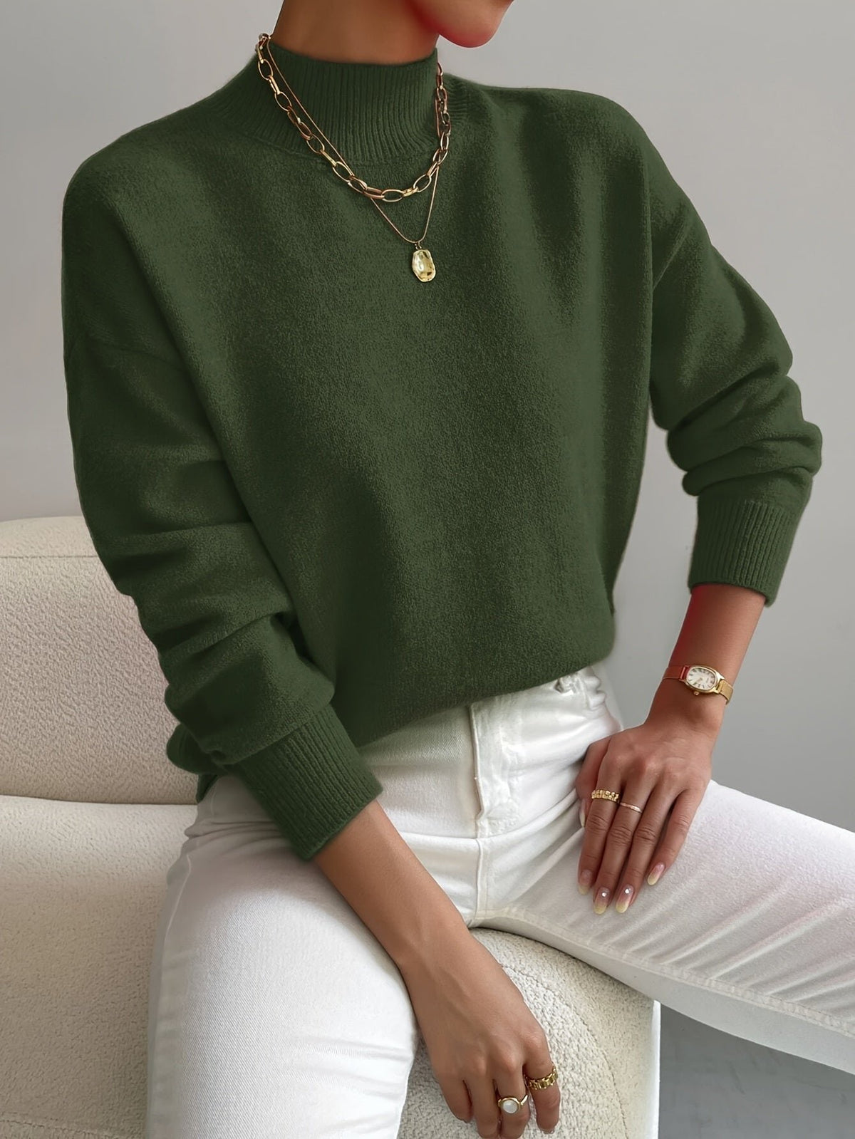 Mock Turtleneck Sweater with a Relaxed Cut and Ribbed Hem in Green