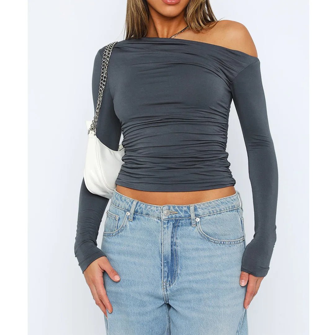 Off-Shoulder Ruched Long Sleeve Top with a Fitted Silhouette in Grey
