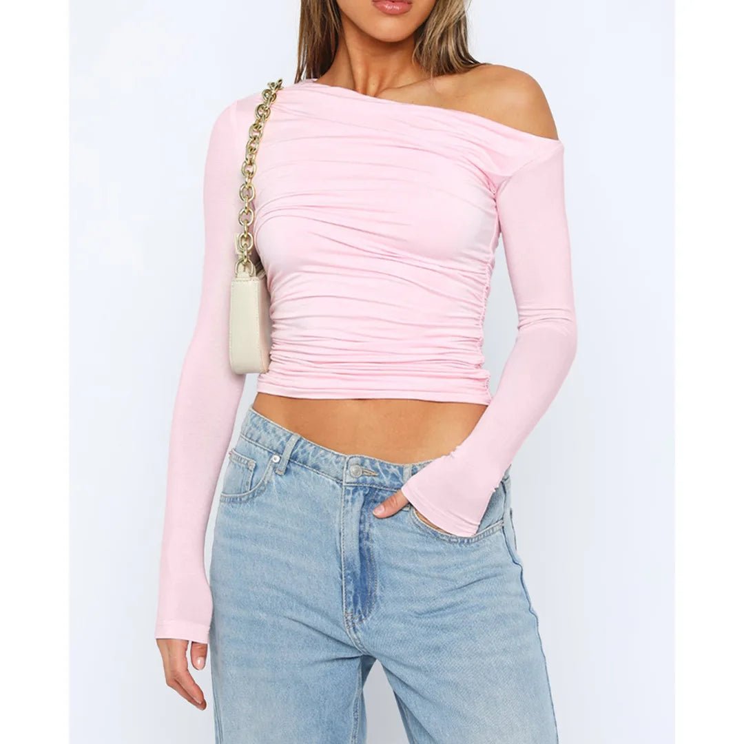 Off-Shoulder Ruched Long Sleeve Top with a Fitted Silhouette in Pink