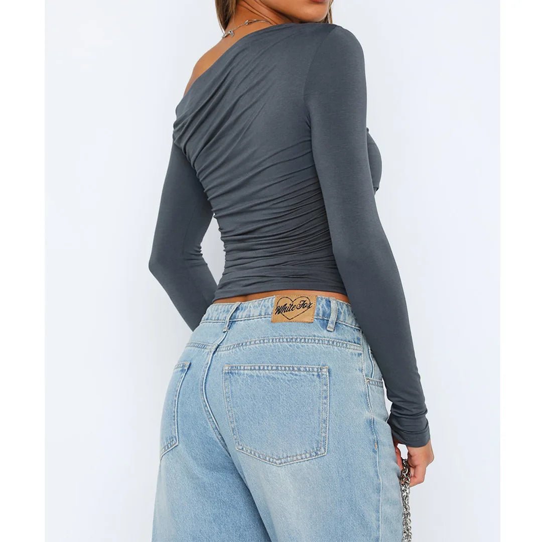 Off-Shoulder Ruched Long Sleeve Top with a Fitted Silhouette