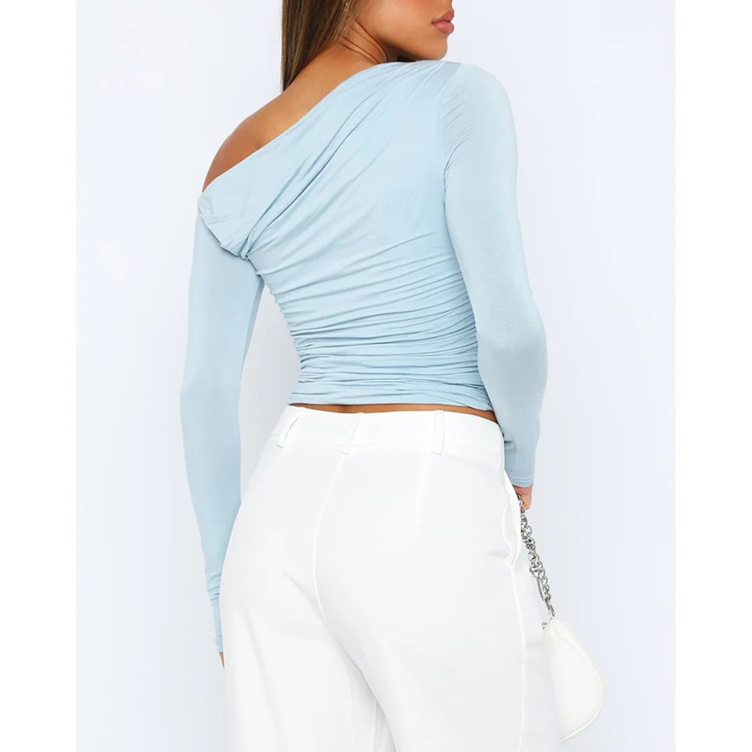 Off-Shoulder Ruched Long Sleeve Top with a Fitted Silhouette