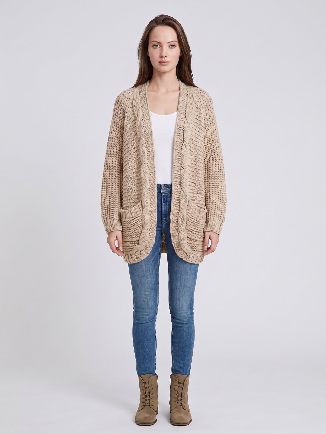 Oversized Cable Knit Cardigan with Patch Pockets in Khaki