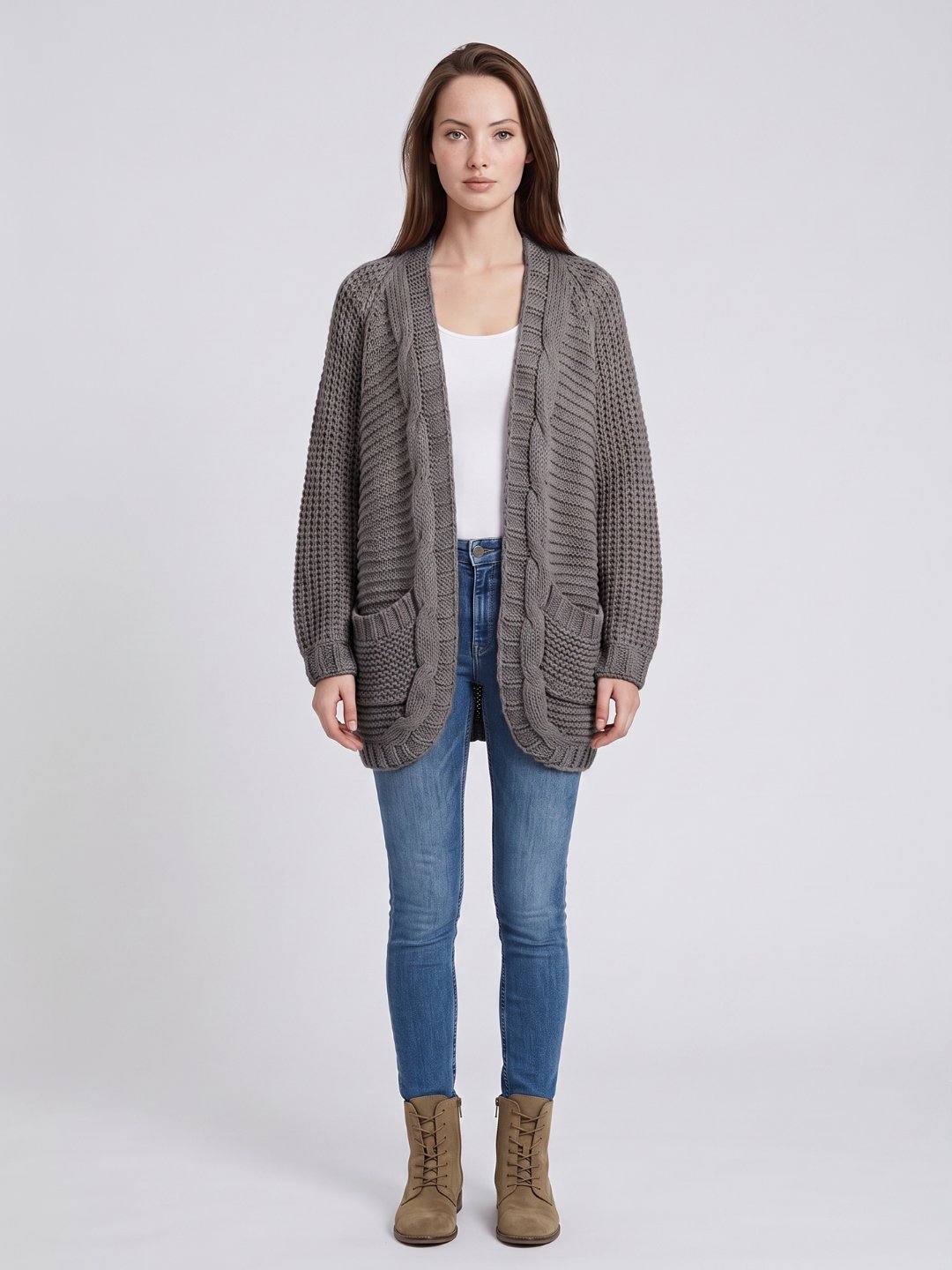 Oversized Cable Knit Cardigan with Patch Pockets in Dark Grey