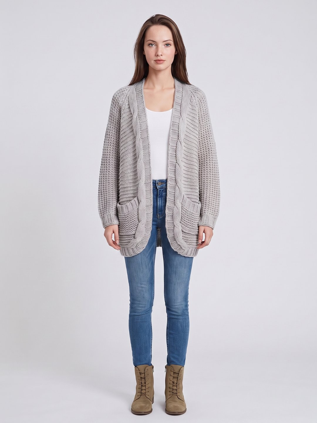 Oversized Cable Knit Cardigan with Patch Pockets in Light Grey