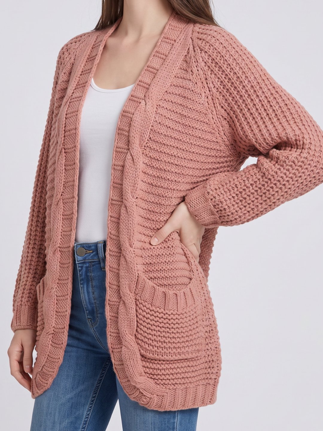 Oversized Cable Knit Cardigan with Patch Pockets