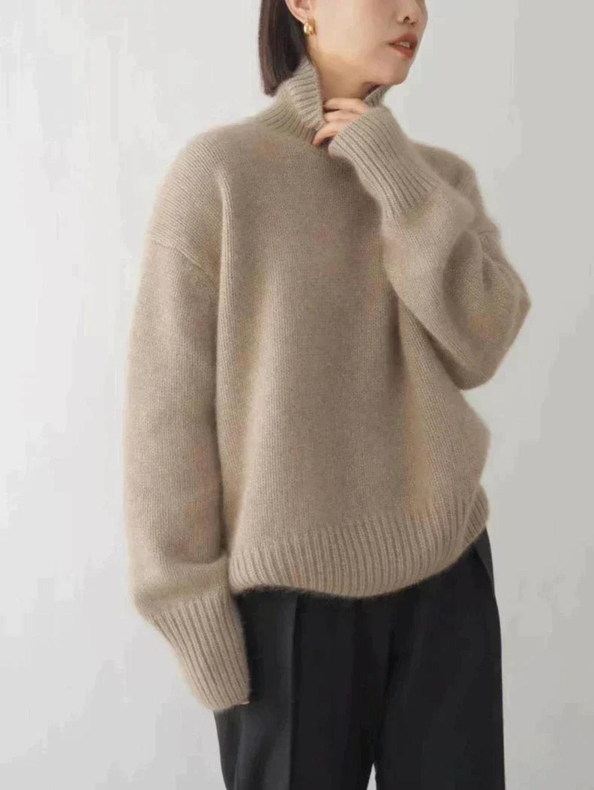 Oversized Knit Sweater with a Turtleneck and Dropped Shoulders in Khaki