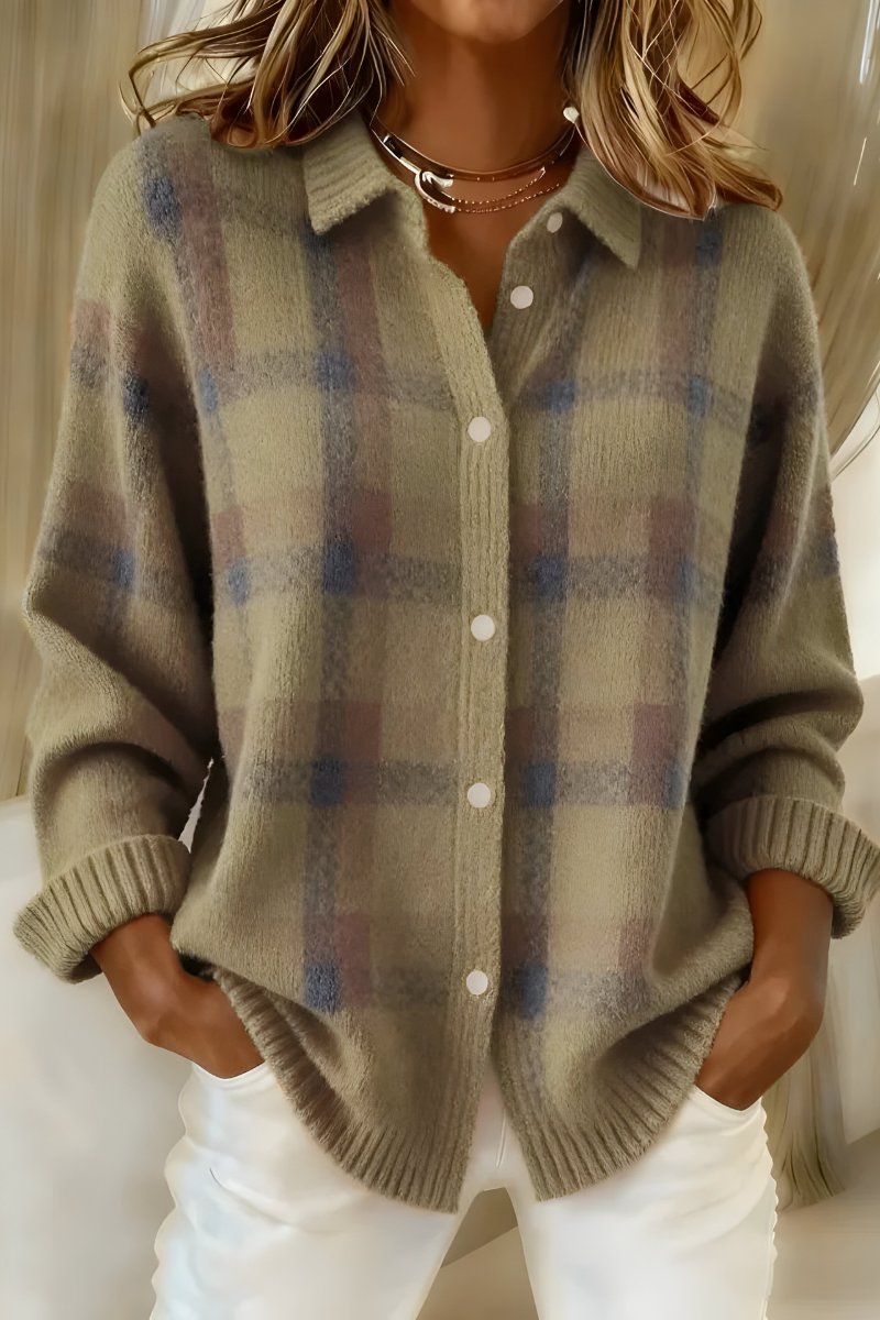 Oversized Plaid Cardigan with a Collar and Button Front in Khaki