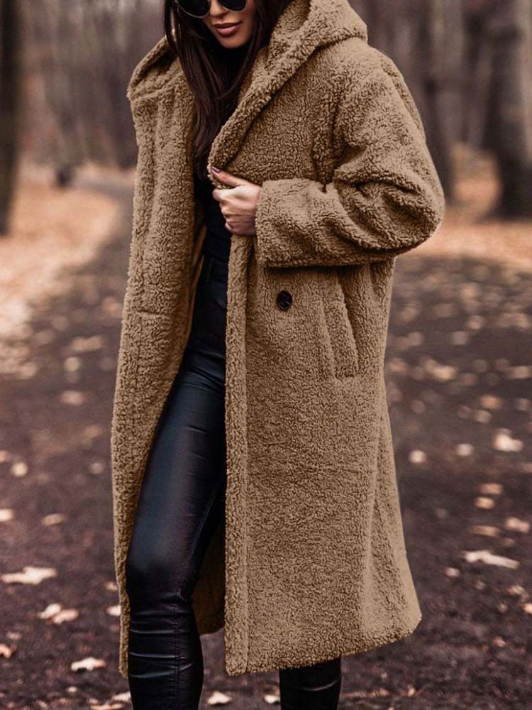 Oversized Teddy Overcoat with a Notch Collar and Deep Pockets in Khaki